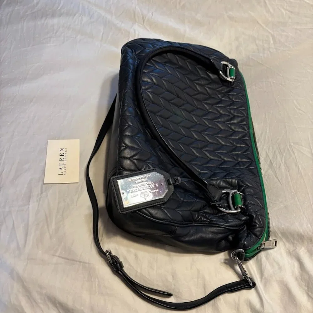 RALPH LAUREN Navy/Green Quilted Leather Bag with Dust Bag - Excellent Condition - Picture 5 of 16
